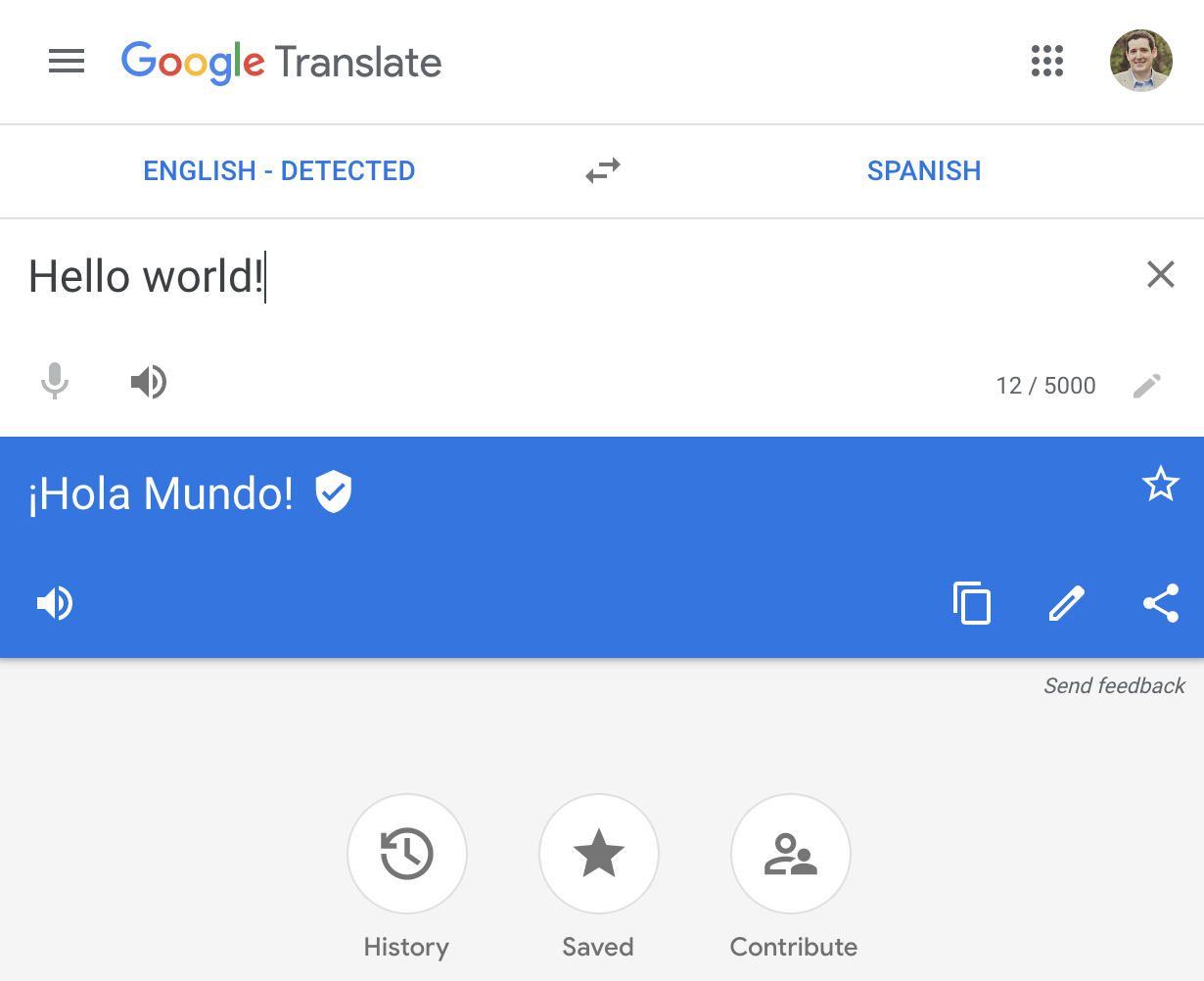 Screenshot of google translate from English to Spanish, with the sentence "hello world"