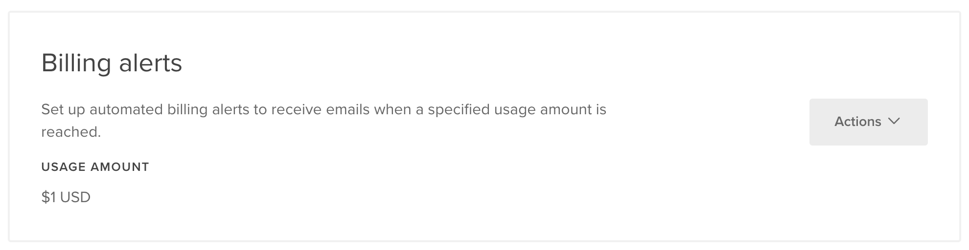 Screenshot from digital ocean site, specifying a billing alert of $1 has been created
