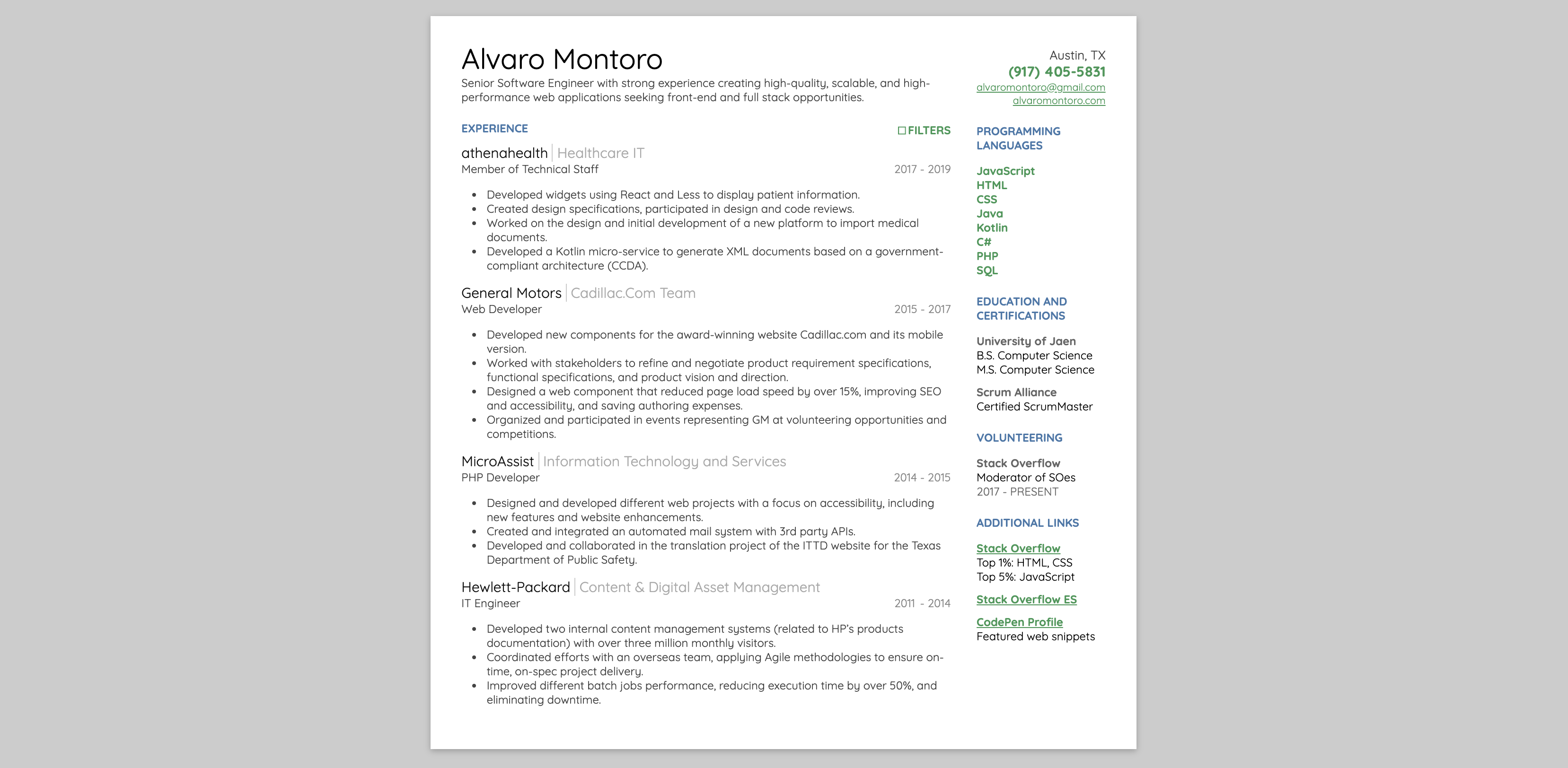 Screenshot of classic-looking interactive resume