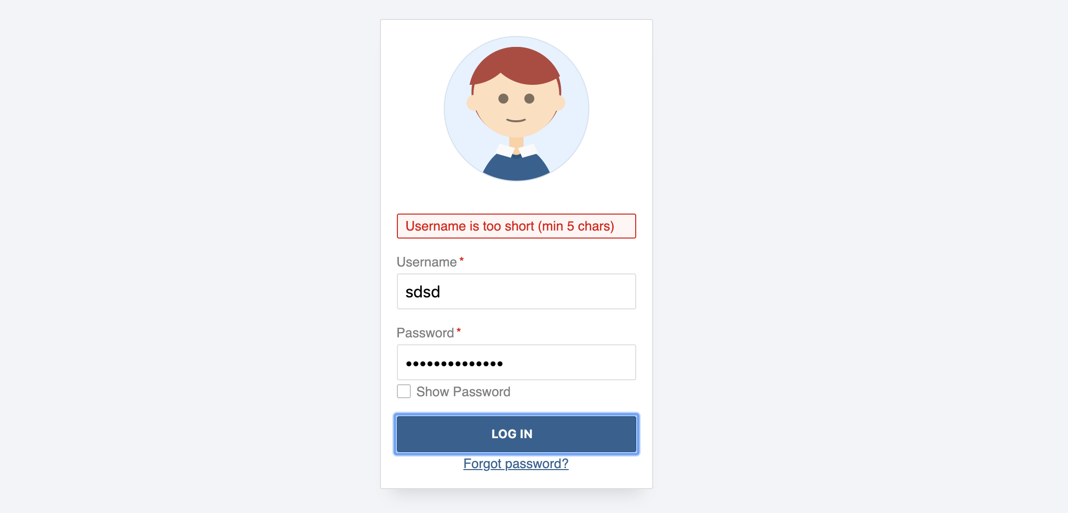 Form with error message