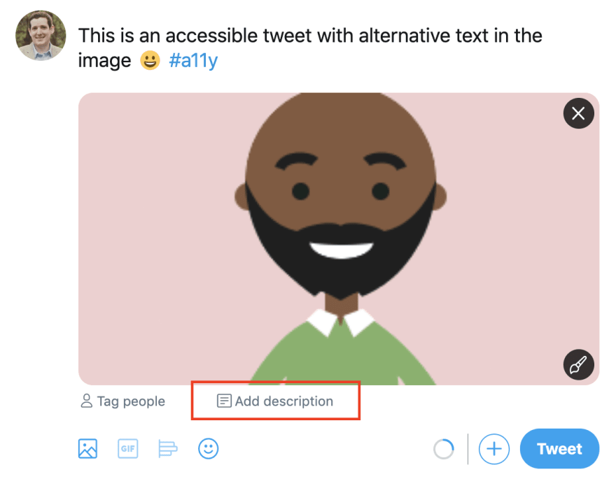 Composing a tweet with the Add description link at the bottom