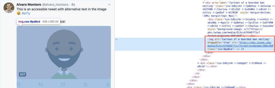 Code inspect of a tweet with alternative text