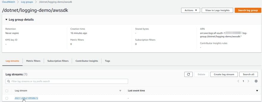 We should now see our new Log Stream in the AWS CloudWatch Console
