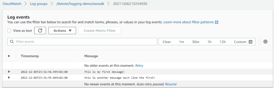 Our two, beautiful logged messages in AWS CloudWatch