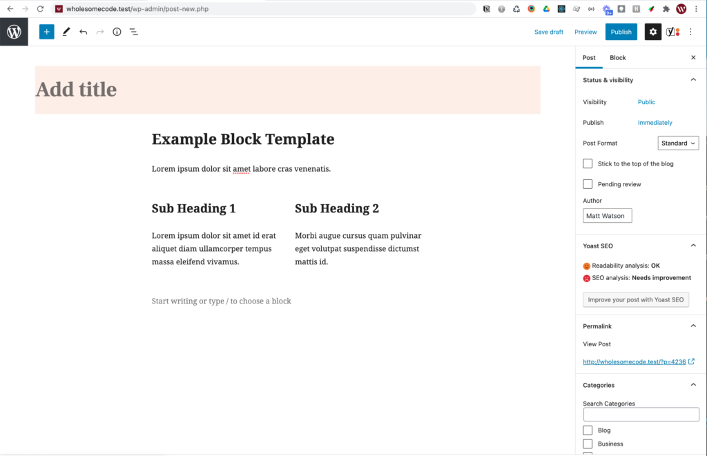 Inserting a Post shows the block template