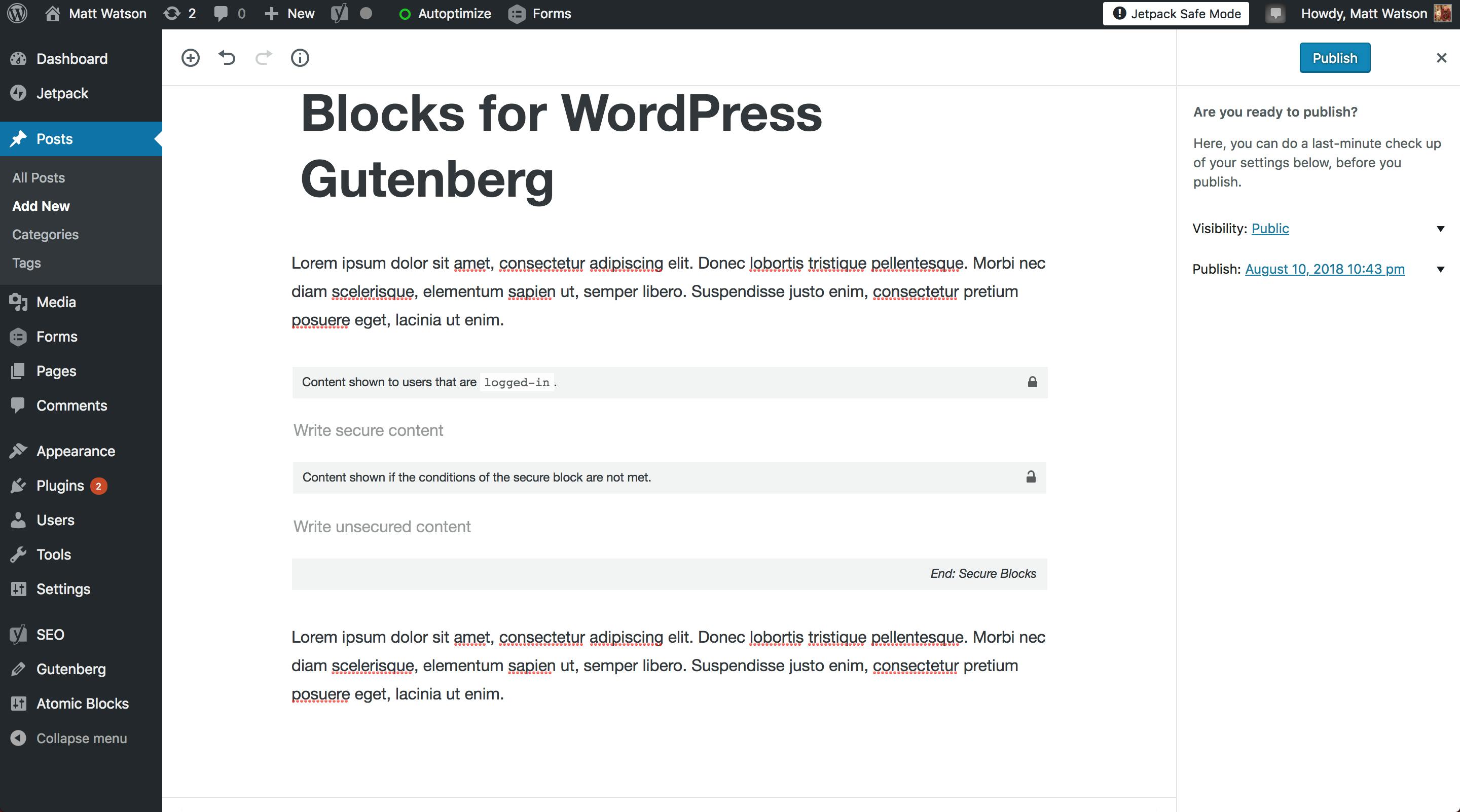 The default Secure Blocks for Gutenberg UI