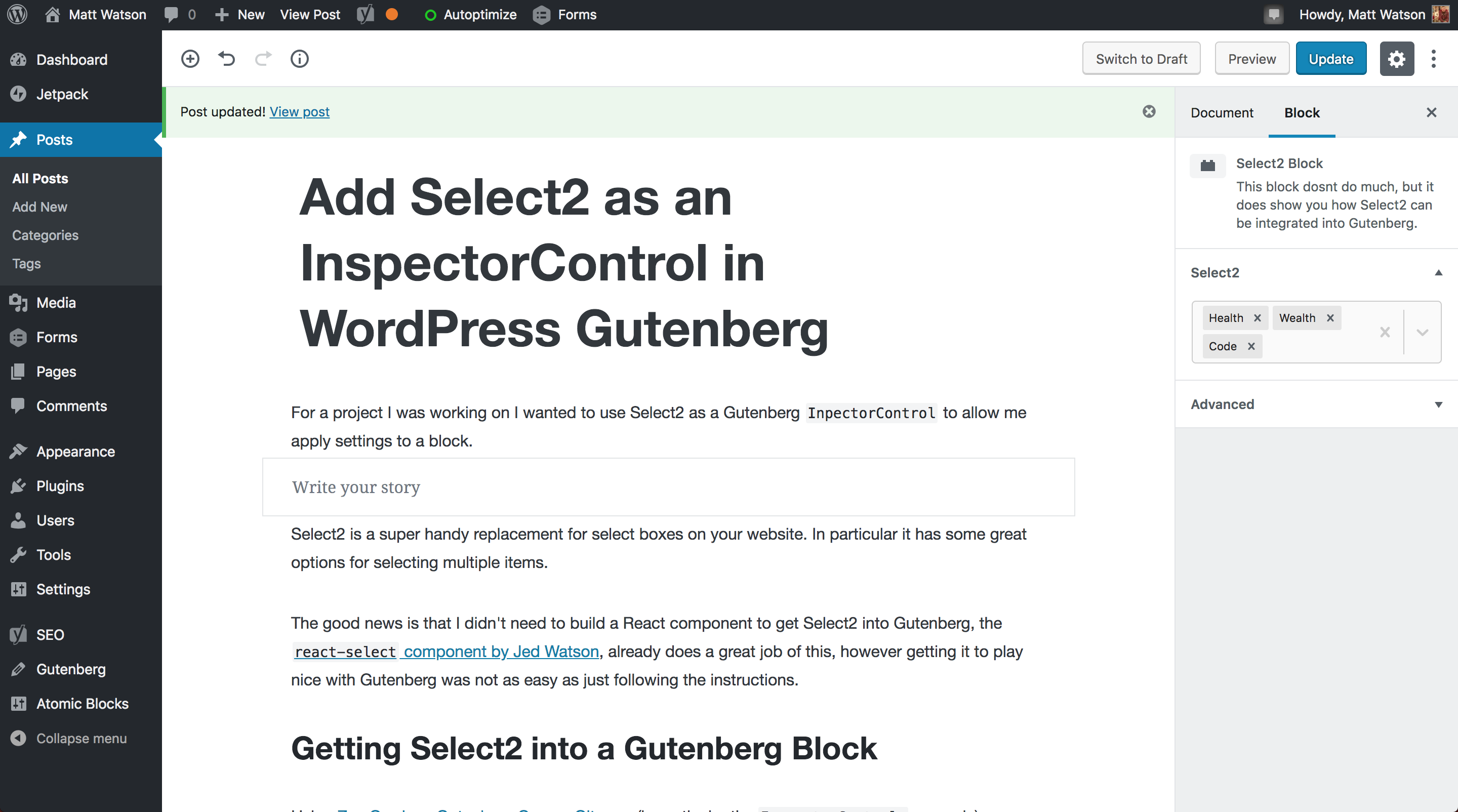 The finished product, Select2 in the WordPress Gutenberg InspectorControls