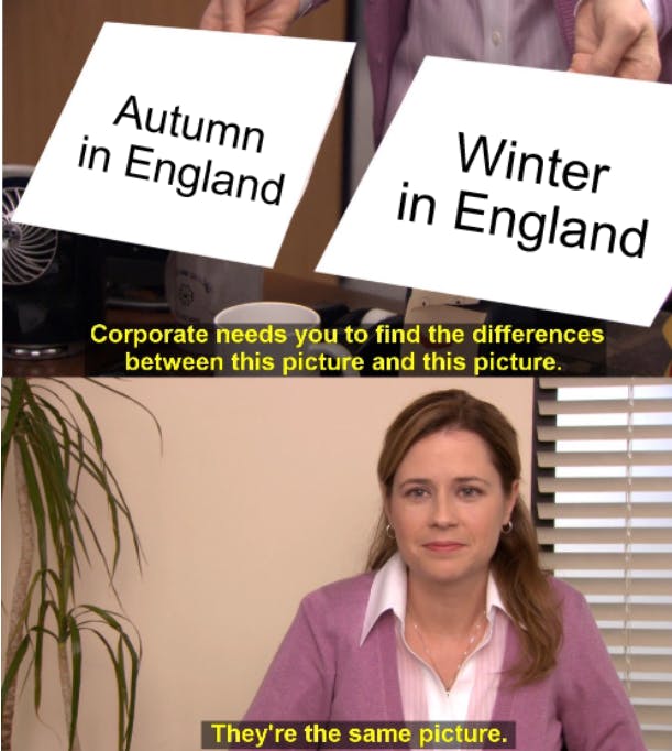Pam from the office has to pick an image. One of them has autumn in England written, another has Winter in England written. Pam says that they're the same picture