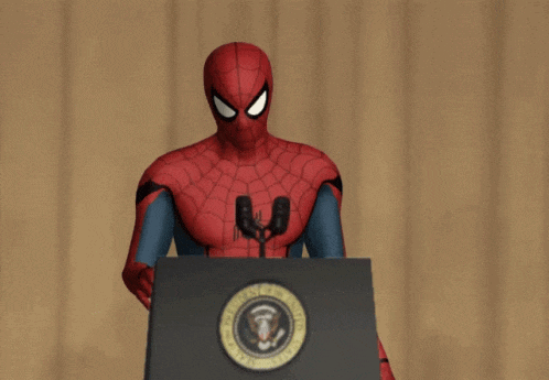 CGI Spider-Man at a podium is doing a mic drop