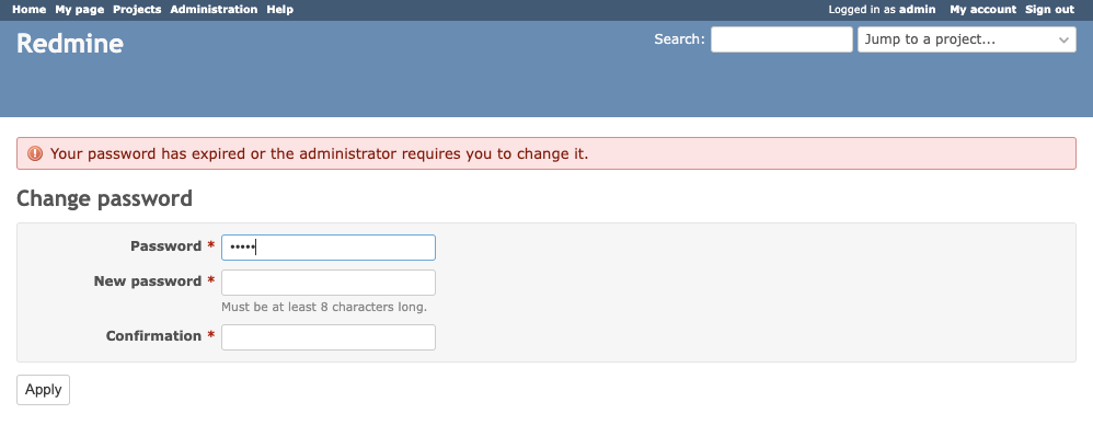 Redmine change password screen