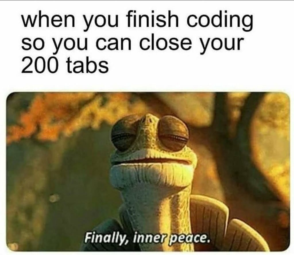 interior peace turtle meme that sais: "when you finish coding so you can close your 200 tabs"