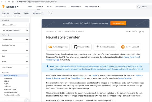 A screenshot of the Tensorflow 'Style Transfer' page, see the 'Run in Google Colab' button - which you need to click on.