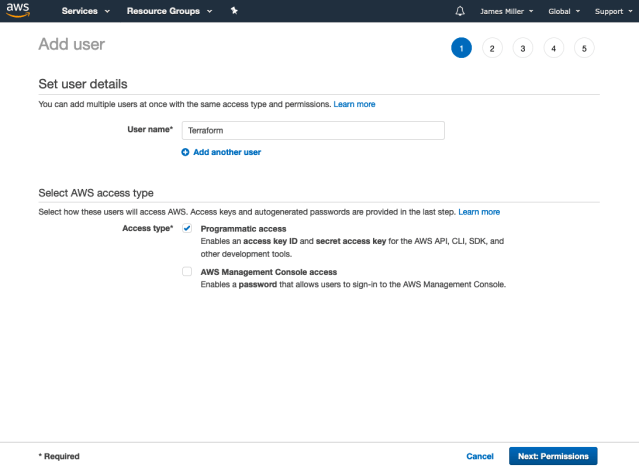 Adding a user called 'Terraform' with programmatic access in IAM settings within AWS