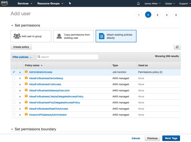 Add Administrator access to that user so that it has permissions to create any AWS resource