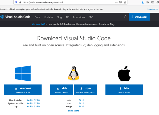Visual studio download page, be sure to install the right version for your Operating System