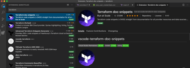 The Terraform doc snippets plugin provides Visual Studio with the ability to provide you with examples of Terraform code snippets as you're writing your script