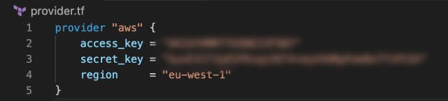 Provider.tf requires your access + secret key's from your AWS user, as well as your selected region - so that Terraform has AWS account details to generate resources with