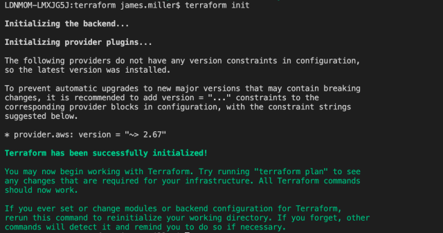 The 'terraform init' command initialises the terraform environment (e.g the aws settings and  local plugins) so that it is ready to receive further commands