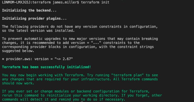 The 'terraform init' command initialises the terraform environment (e.g the aws settings and  local plugins) so that it is ready to receive further commands