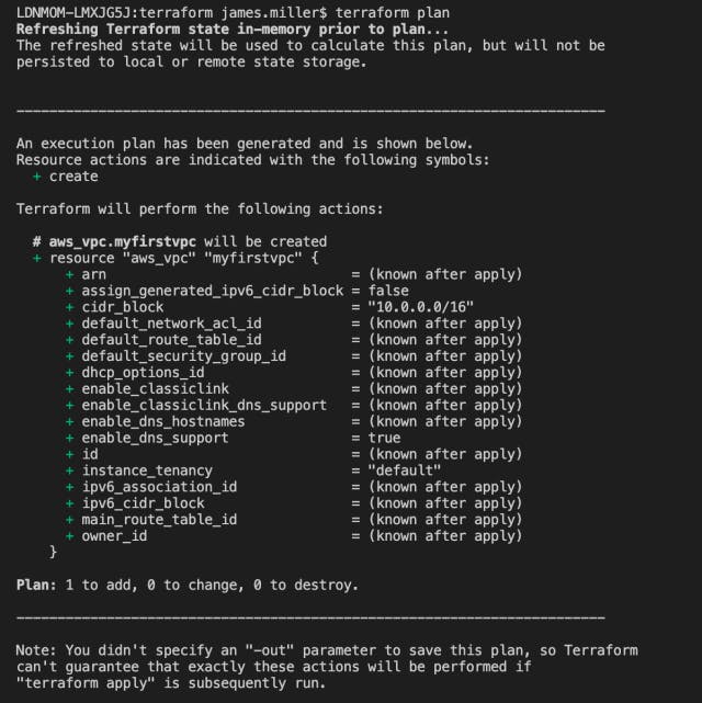 The 'terraform plan' command makes Terraform analyse your code so that you can confirm you're happy with the deployment it is has been programmed to carry out