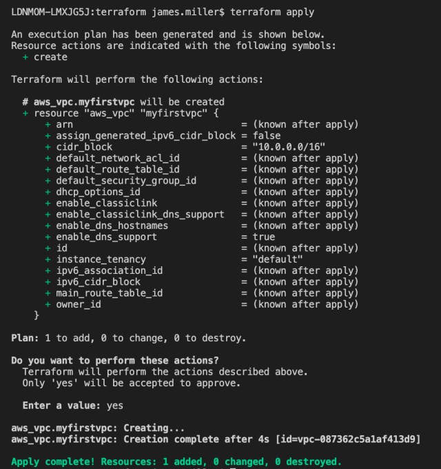 Once the 'terraform apply' command has been entered, it will not execute until you have confirmed you're happy with the resources it is about to create - type 'yes' to allow the deployment to execute