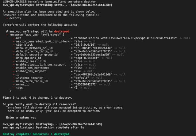 By entering the 'terraform destroy' command, it will attempt to remove all resources that it generated from your main.tf configuration file, enter 'yes' to confirm you're happy and the command will be executed