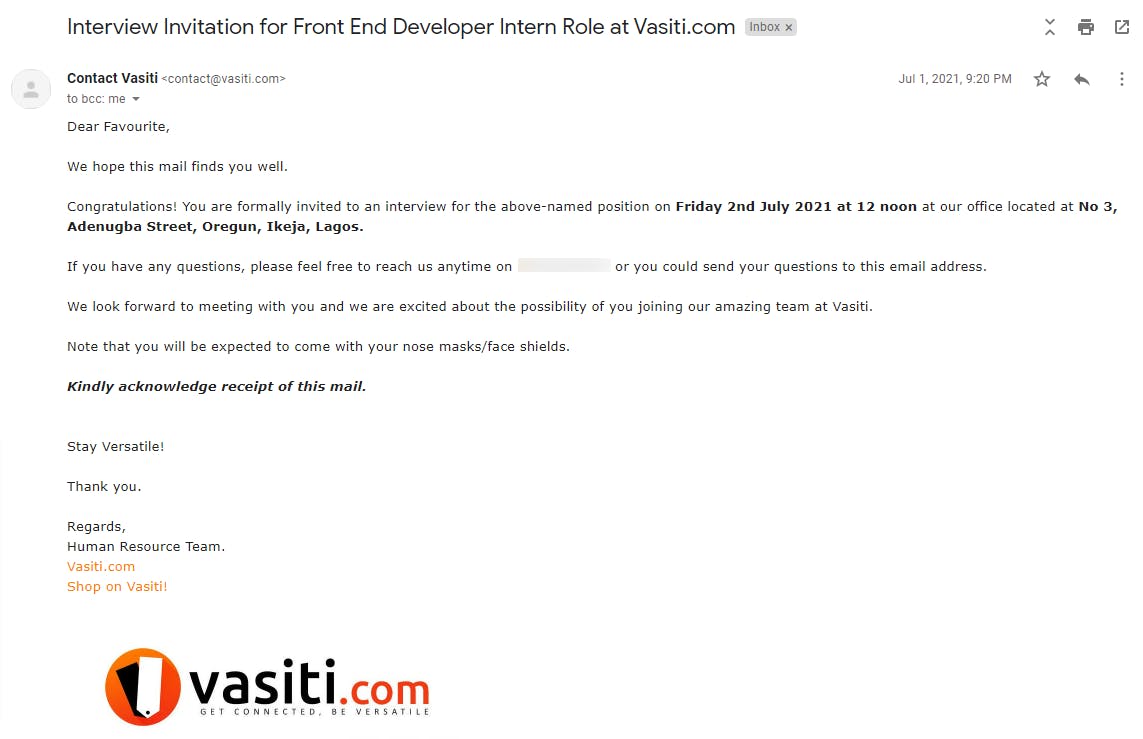 Interview Invitation for Front End Developer Intern Role at Vasiti.com.png