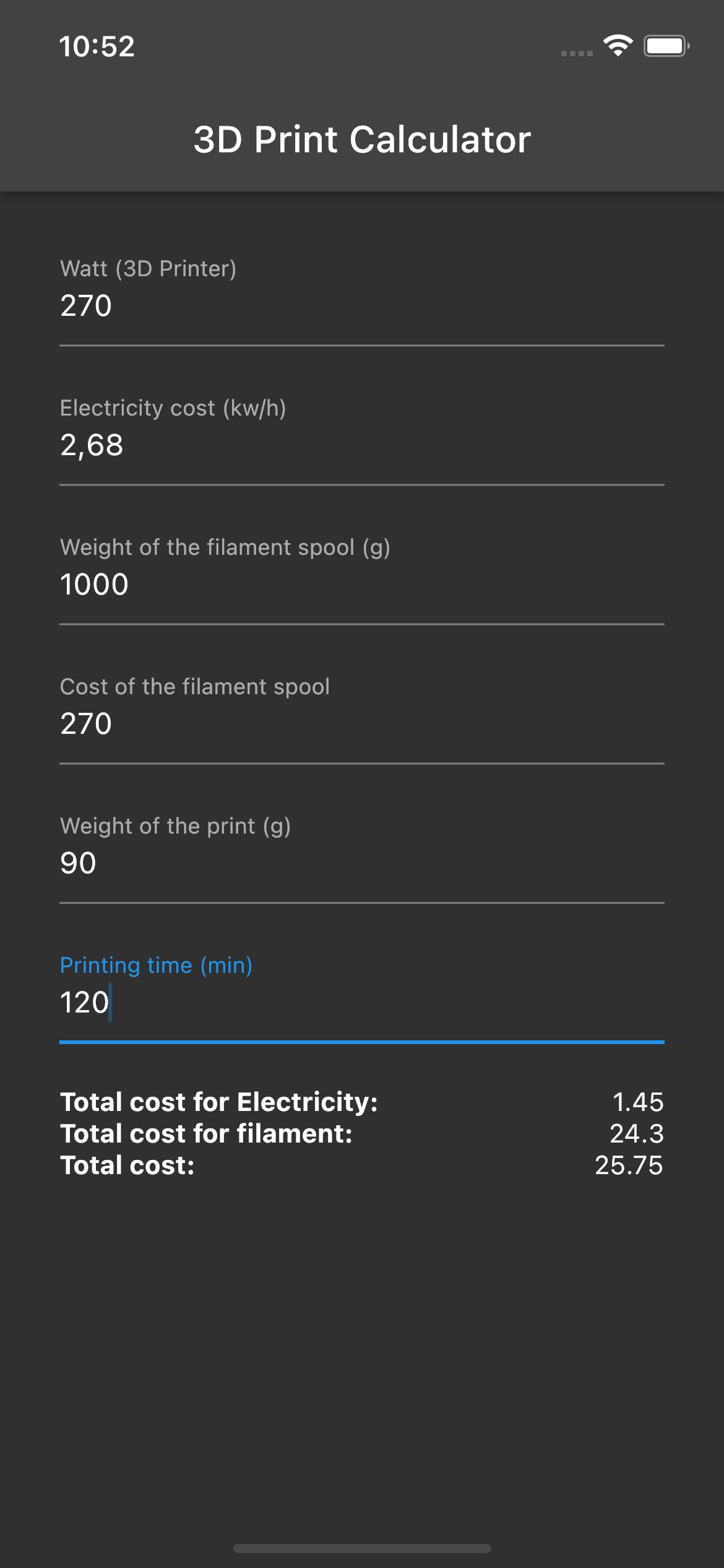 3D Print Cost Calculator Screenshot