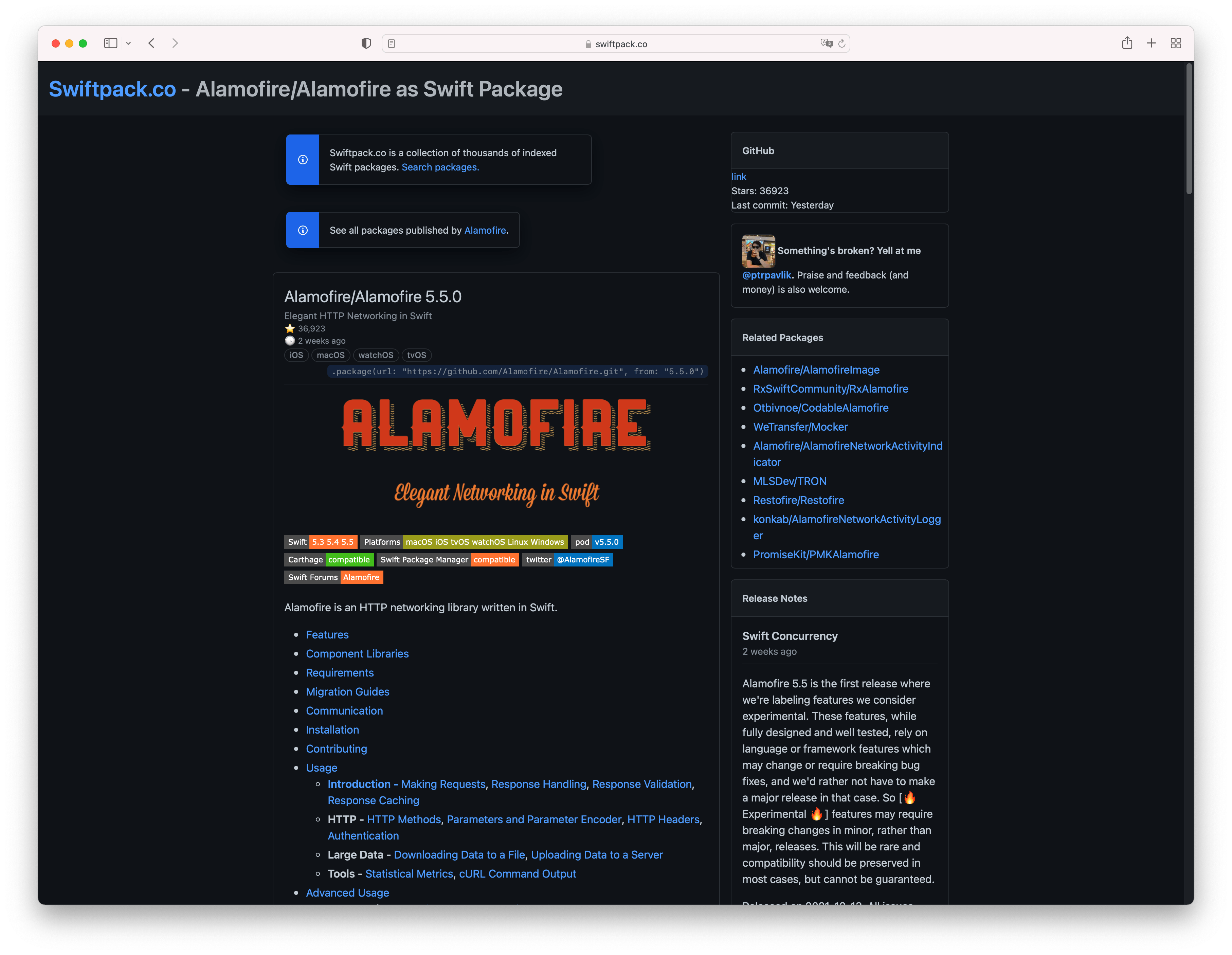 Alamofire package shown on Swift Pack