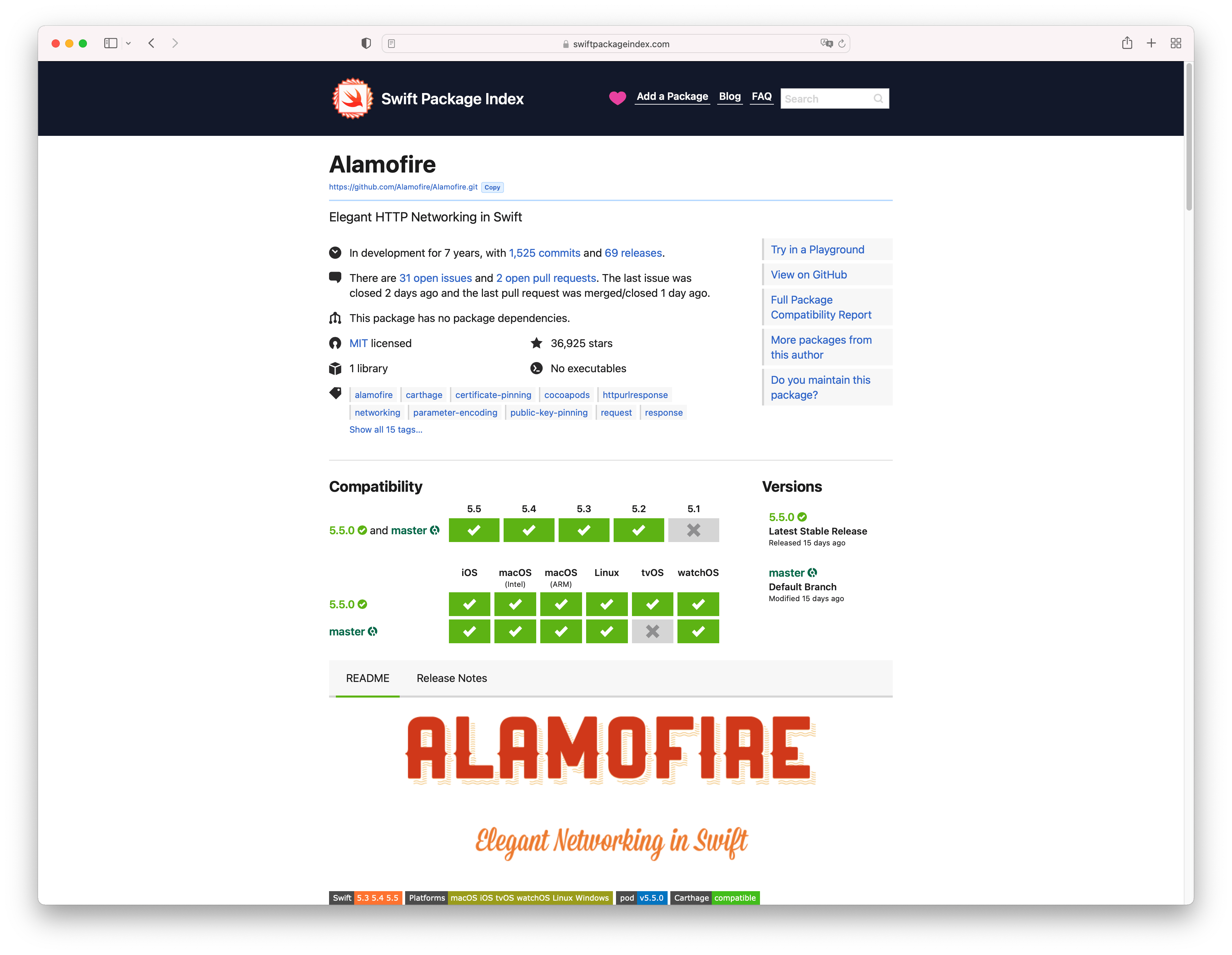 Alamofire package shown on Swift Package Index