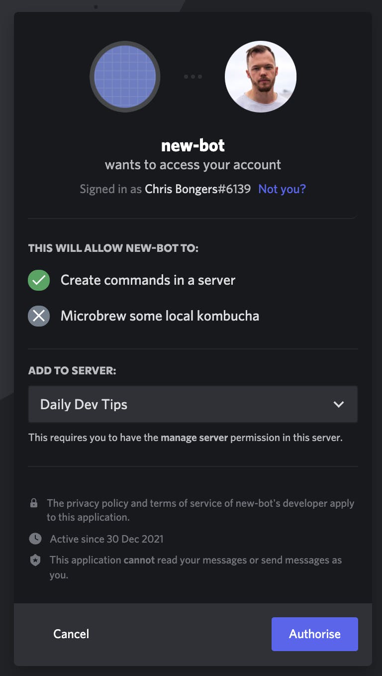 Authorize a new bot to your discord server