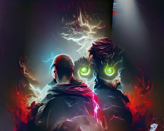 two guys with what looks like some kind of supernatural power; game poster; trending in artstation.png