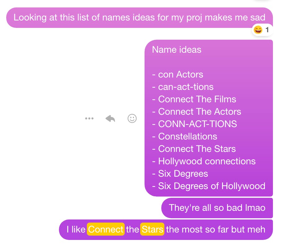 A chat where I brainstormed names
