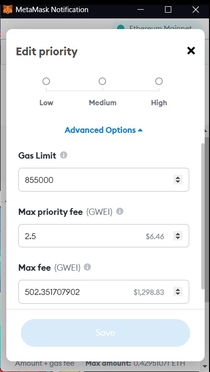 Screenshot of Gas limit settings in MetaMask