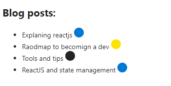 List of blog posts as an example, color coded with blue, yellow and black