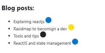 List of blog posts as an example, color coded with blue, yellow and black