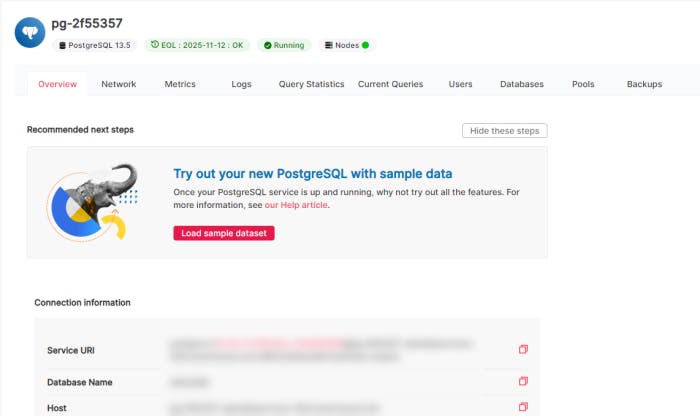 Aiven - PostgreSQL dashboard after instance creation