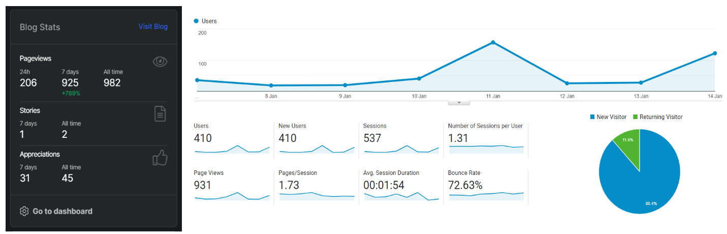 screenshot of blog stats provided by Hashnode & Google Analytics