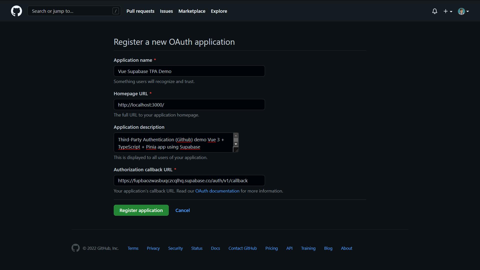 Github OAuth App sample registration form