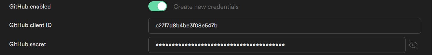 Github OAuth app credentials in the Supabase dashboard