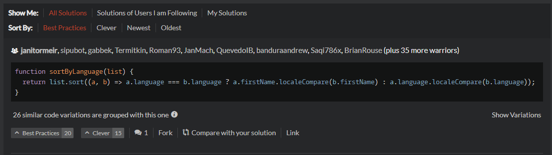 Simple solution to Codewars Kata using .localeCompare() method
