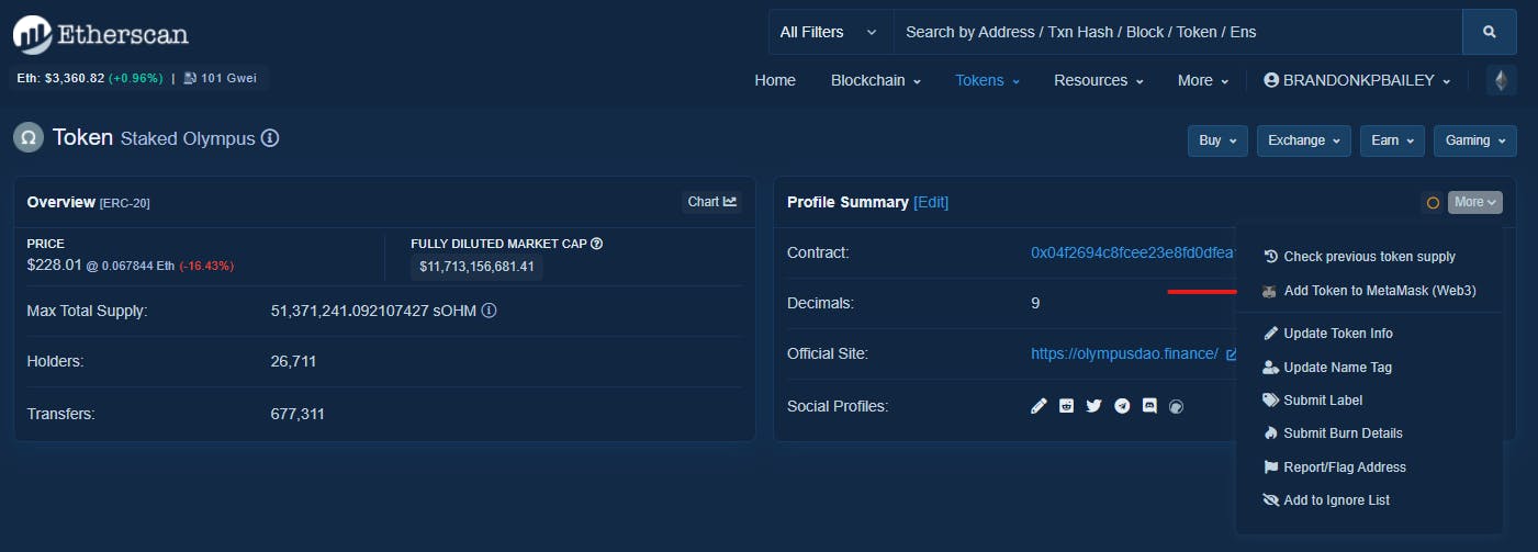 Image of etherscan token address with option to add token to wallet