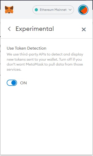 Image of MetaMask experimental Auto Token Detection feature