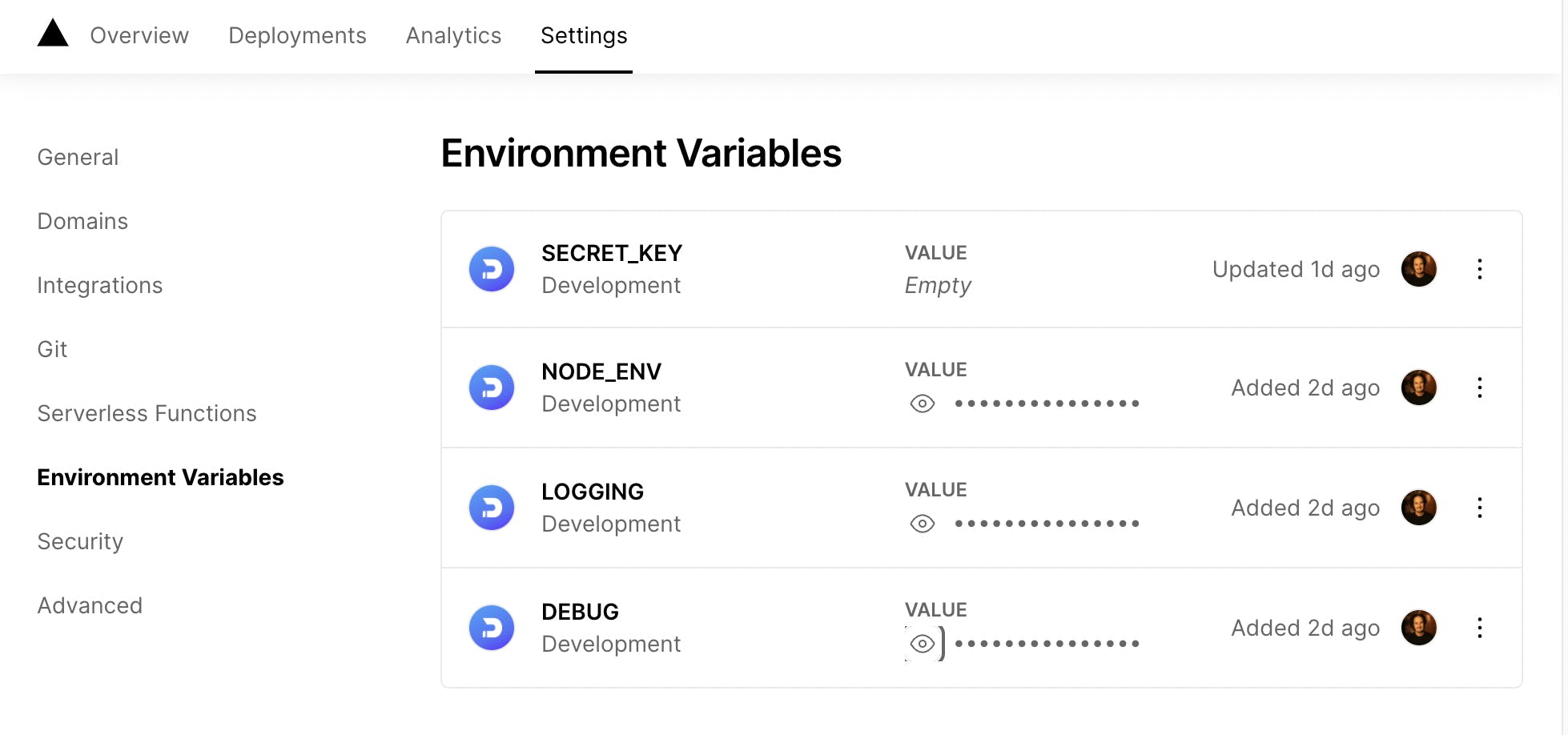 Vercel development environment variable UI