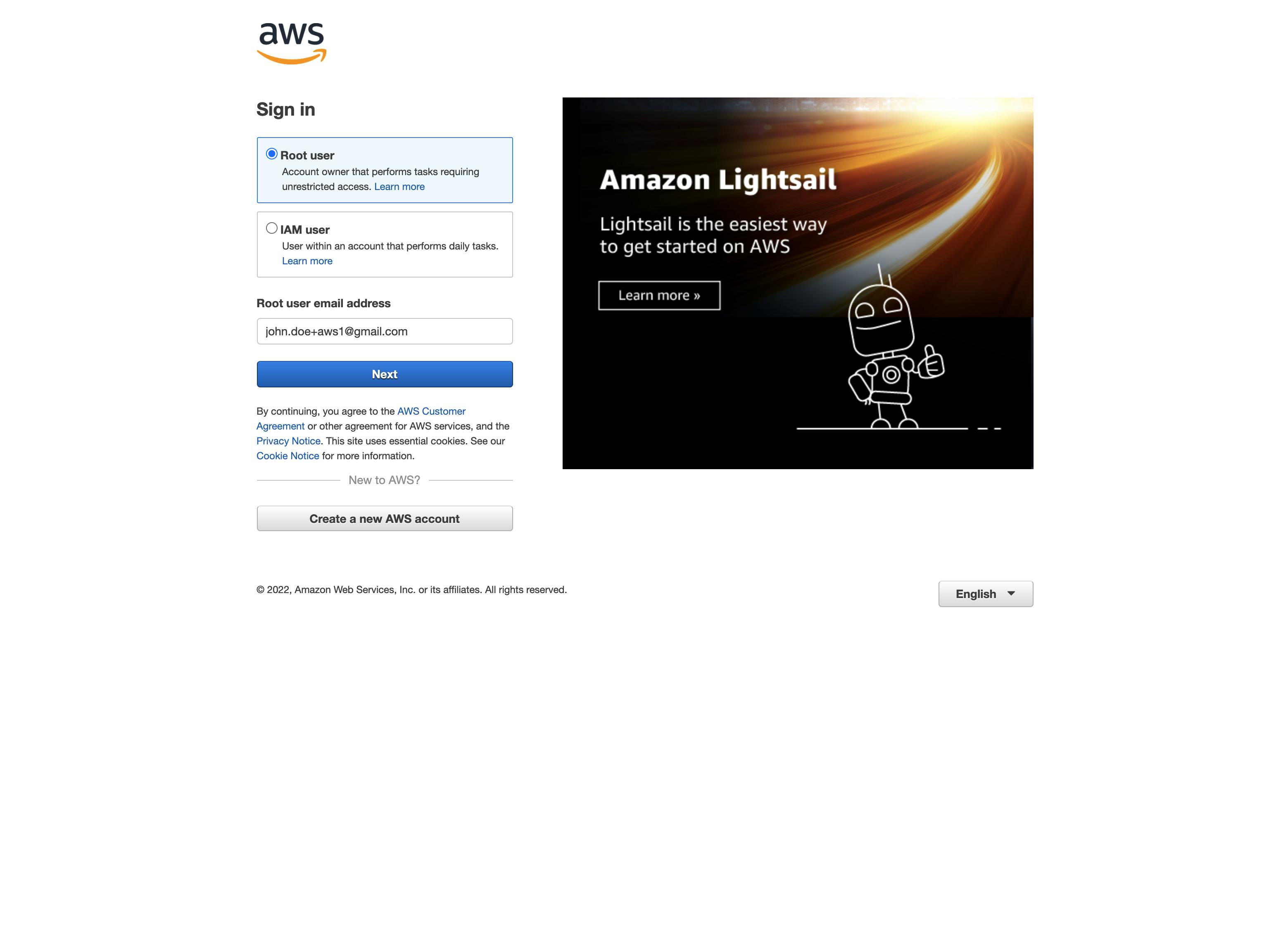 Log in to AWS console screen