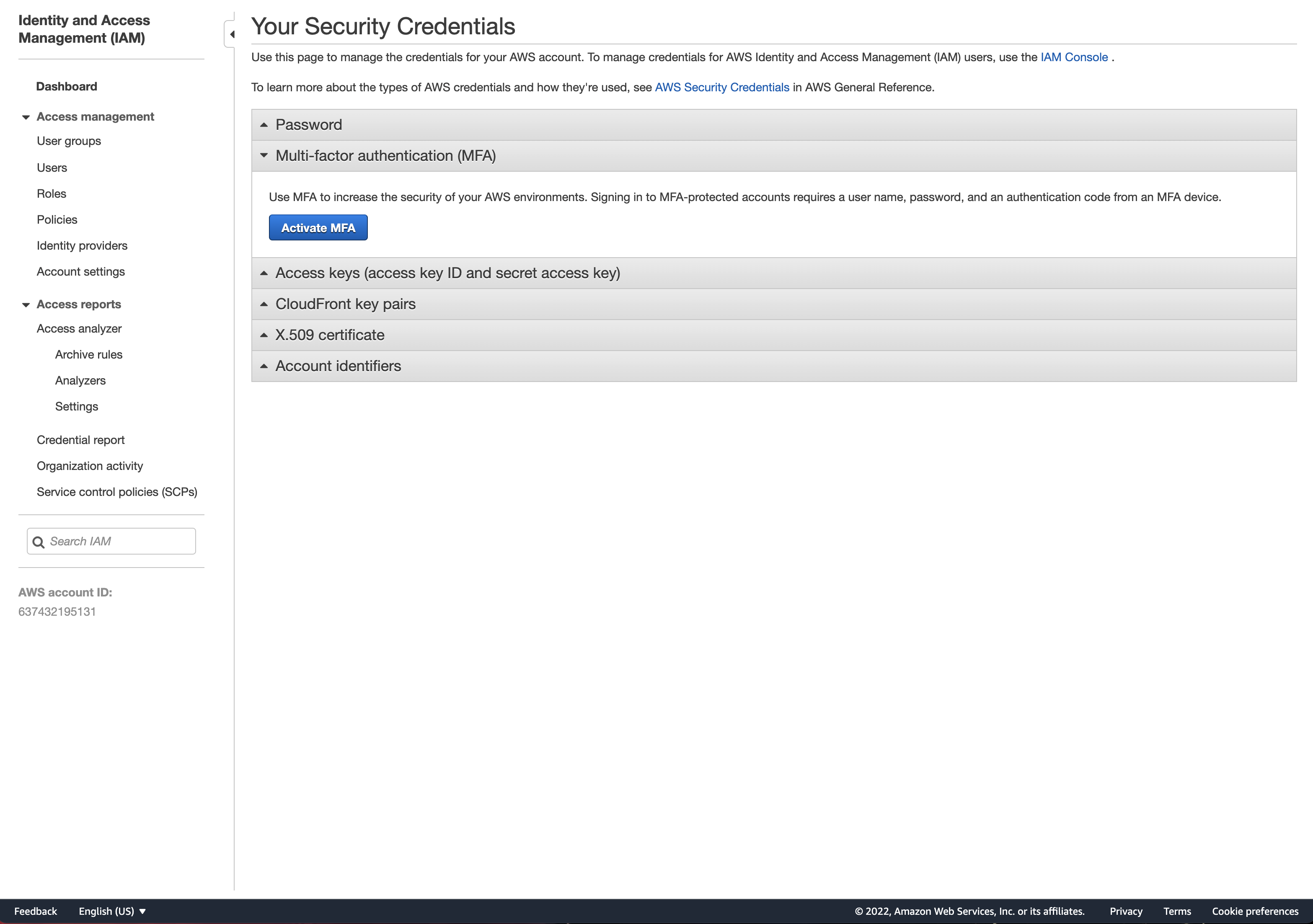 Your Security Credentials Screen