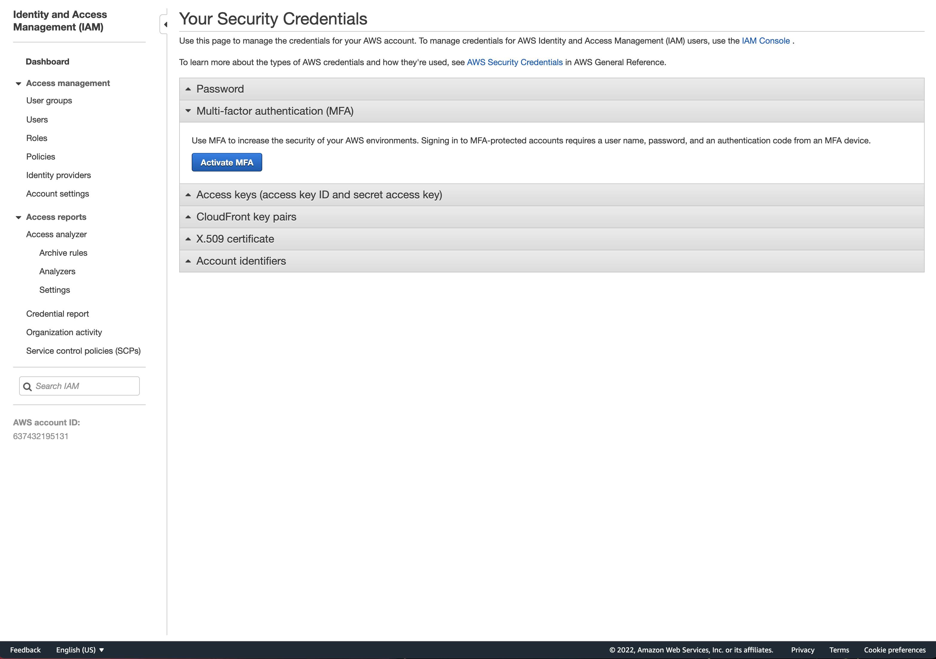Your Security Credentials Screen