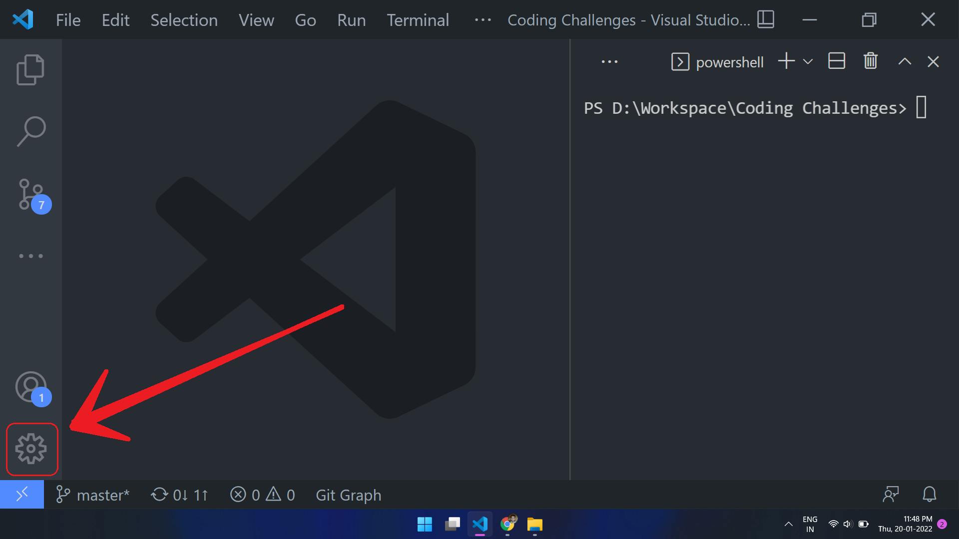 Arrow pointing towards setting icon in vs code