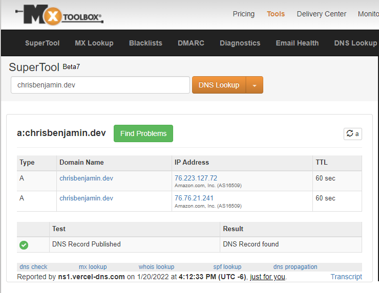 Showing the mxtoolbox website resolving DNS records for chrisbenjamin.dev