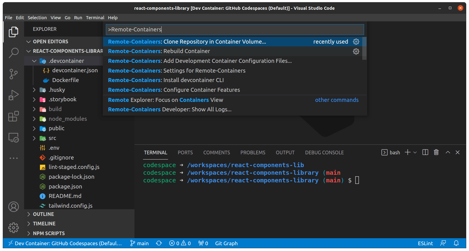 VS Code remote-containers extension command palette options